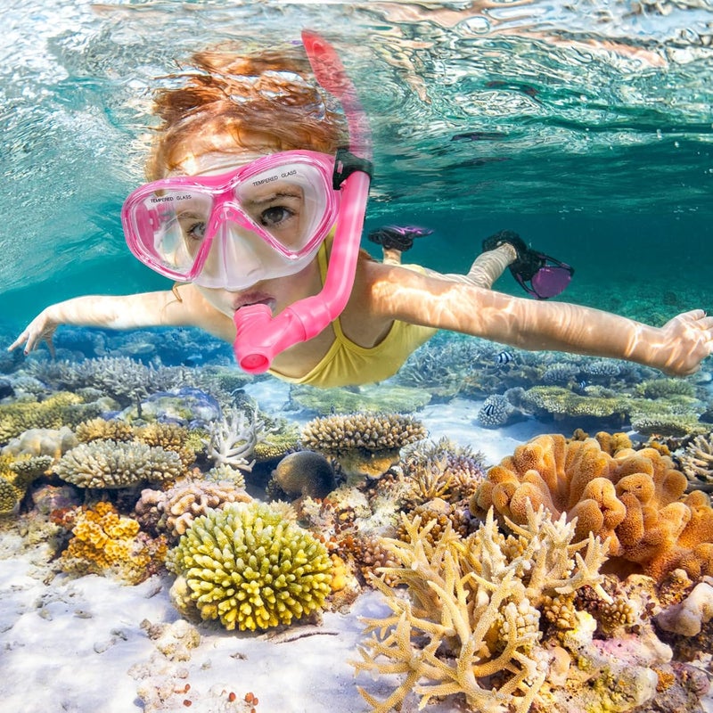 ACQCES 2 Sets Snorkeling Gear for Kids, Kids Snorkel Set for Ages 6-14, Dry Top Snorkel Mask Set for Youth Boys Girls Junior, Tempered Glass Diving Swimming Mask Goggles - Image 2